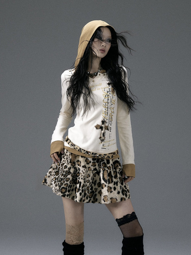 Beige Fake Two-Piece V-Neck Top with Cross Applique