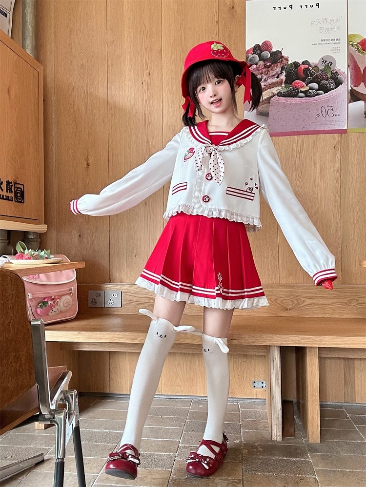 Ruffled Sailor Collar Bunny Ears Design Back Light Pink/Wine Red JK Uniform Top