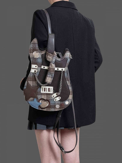 Brown Plaid Star Design Sweetheart Embroidered Guitar-shaped Bag