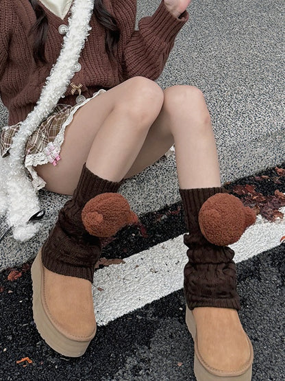 White/Khaki/Light Grey/Coffee Knitted Leg Warmers With Puppy Plushie