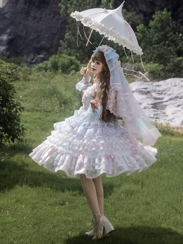 Blue and Pink Hime Lolita Bow Accents Tiered Skirt Princess Dress