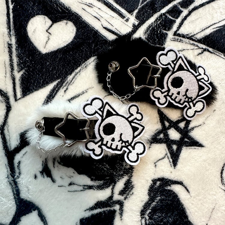 Black/White Skeleton Applique Gothic Plush Hairclip