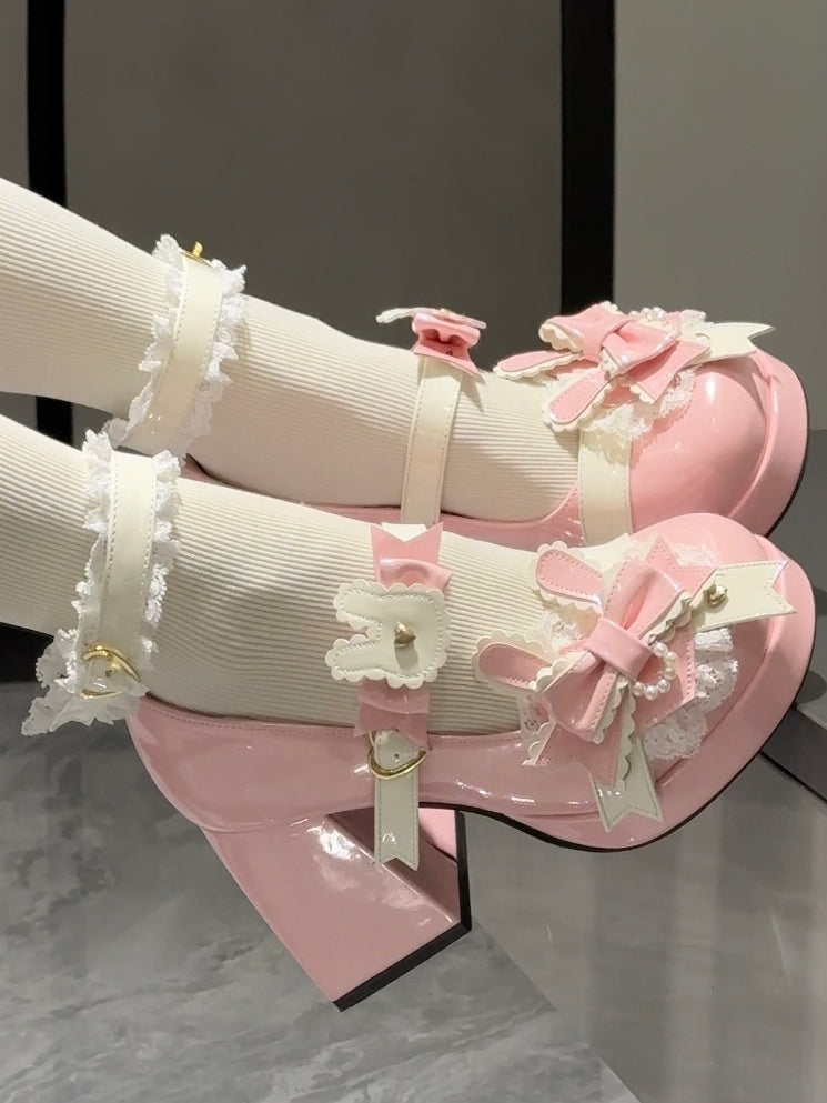 Polished Pink Sweet Lolita Bunny Decorated Bowknot Details Lace Trim Platform High Block Heels
