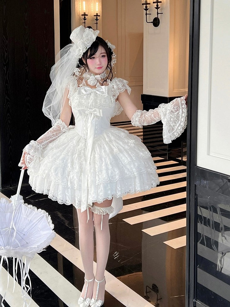 White Tiered Lace Square Neckline Shiro Dress with Bow Accents