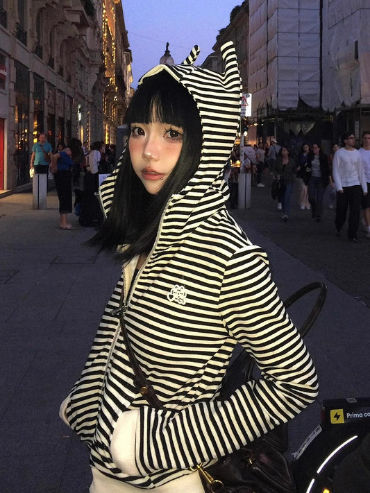 Y2K Black & White Stripes Zip-Up Hoodie with Devil Hood