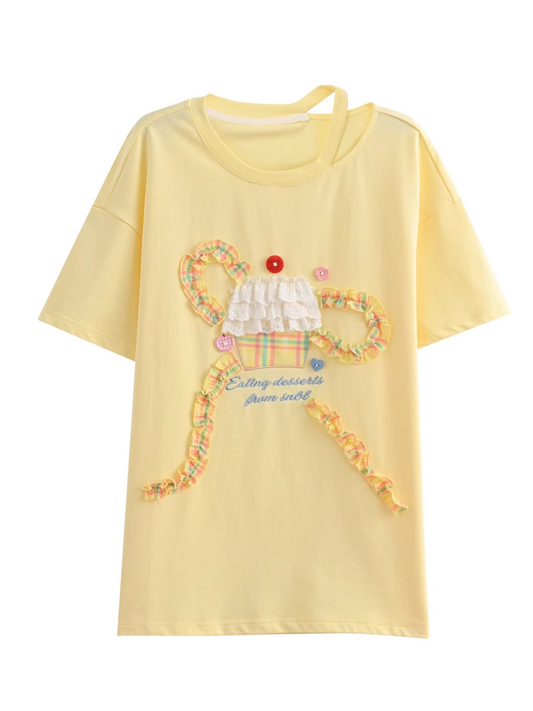 Yellow Ruffled Big Bowknot Tiered Lace Cake Design Cotton T-shirt