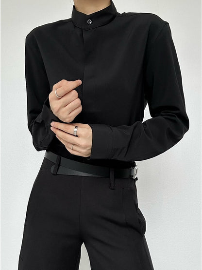 Ouji Lolita Black Unisex Mandarin Collar Long Sleeve Shirt with Button-Down Front
