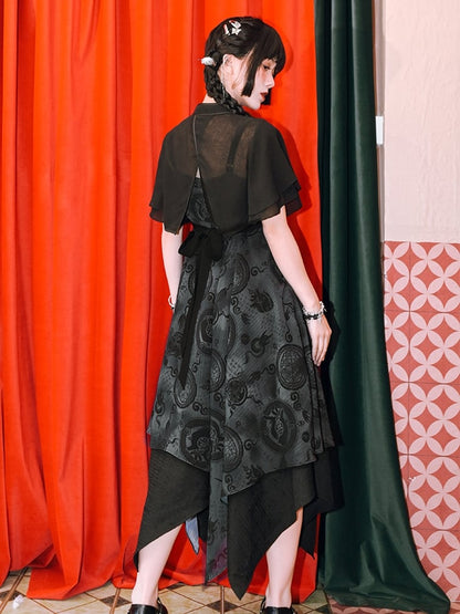 Black Banded Collar Double-layered Flounce Sleeves Cheongsam Style Cropped Top