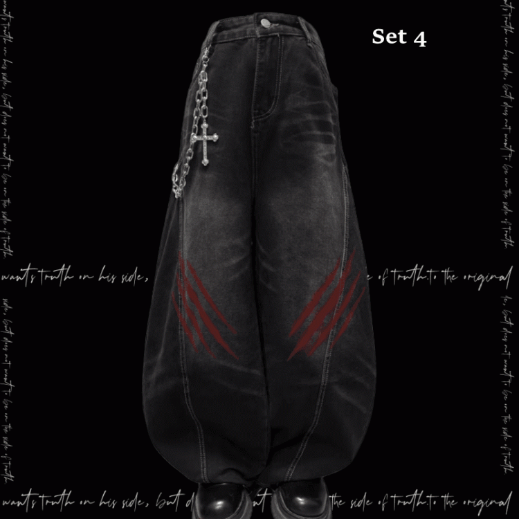 Black Faded Wash Scratch Print Distressed Punk Wide-Leg Jeans