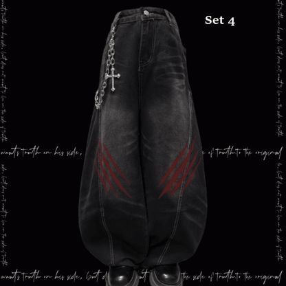 Black Faded Wash Scratch Print Distressed Punk Wide-Leg Jeans