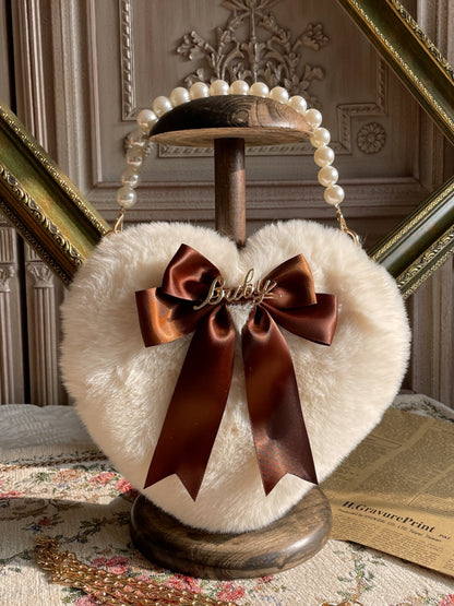 Lolita Plush Heart-Shaped Hand Bag with Bowknot and Bead Handle – 11 Color Options