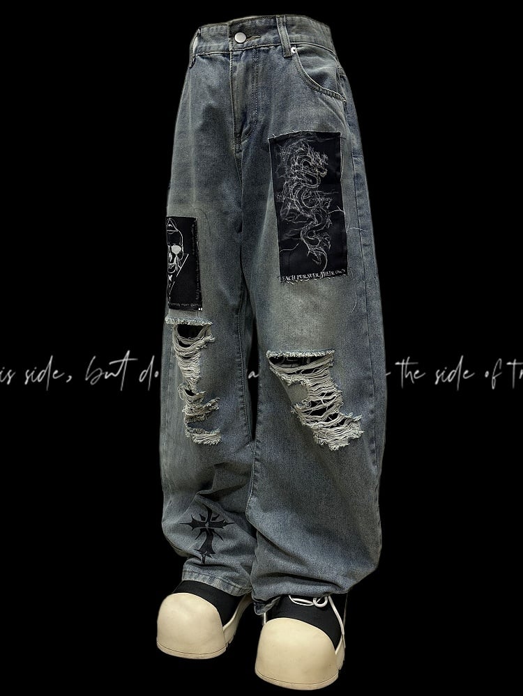 Blue Distressed Holes Skeleton Applique Punk Wide-leg Jeans