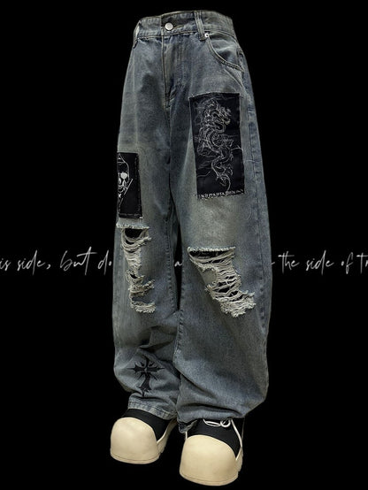 Blue Distressed Holes Skeleton Applique Punk Wide-leg Jeans