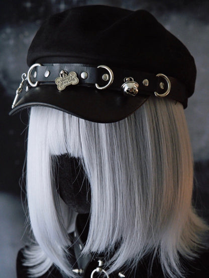 Black Gothic Studs Details Bone And Cross Charm Beret Hat