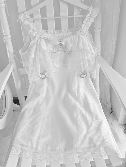 Jirai Kei White Off-the-shoulder Neckline Cape Design Dress with Chains Decorated Bowknot