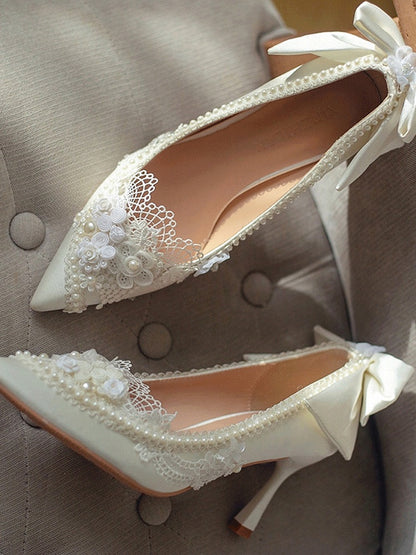 White Floral Design Bow Accent Beaded 5CM/7CM/9CM Hime Lolita Heels