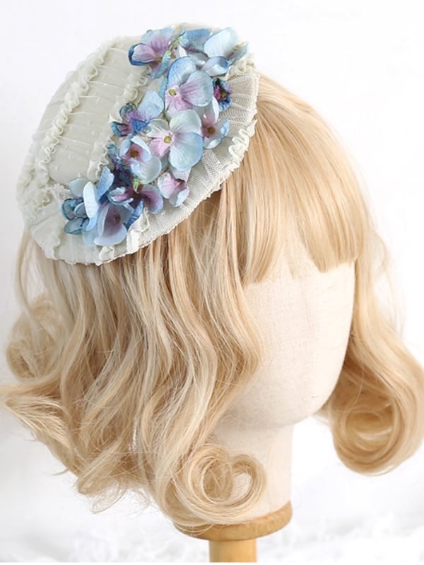 5 Colors Elegant Lace Flat Hat with Singed - edge Hydrangea Decorations