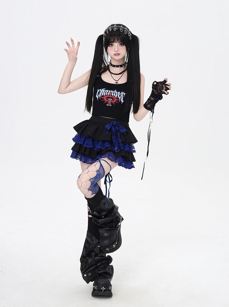 Y2K Contrast Blue Lace Trim Black Elastic Waist Tiered Skirt