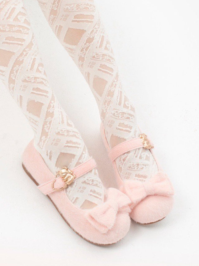 Plush Sweet Pink Flat Shoes for Lolita with Decorative Bow & Hugging Bear Clasps - Regular/Thicken Version