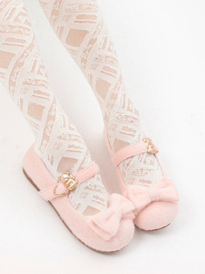 Plush Sweet Pink Flat Shoes for Lolita with Decorative Bow & Hugging Bear Clasps - Regular/Thicken Version