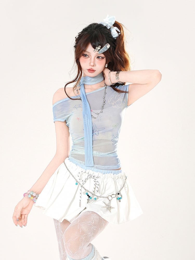 Starfish and Shell Print Asymmetrical Neckline Blue Semi-sheer T-shirt with Free Scarf