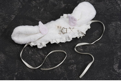 White Pins and Heart-shaped Ring Angel Wing Bunny Ears Ruffled Hairband
