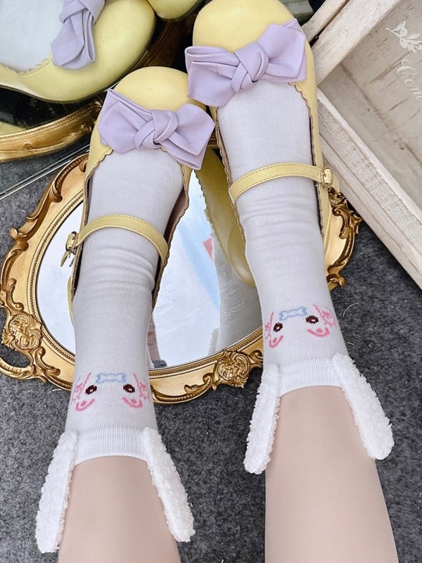 White Bunny Print Calf Socks With Bunny Ears