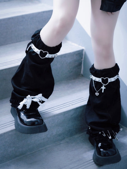 Pins and Studs Decorated Black and White Bowknots Gothic Leg Warmers