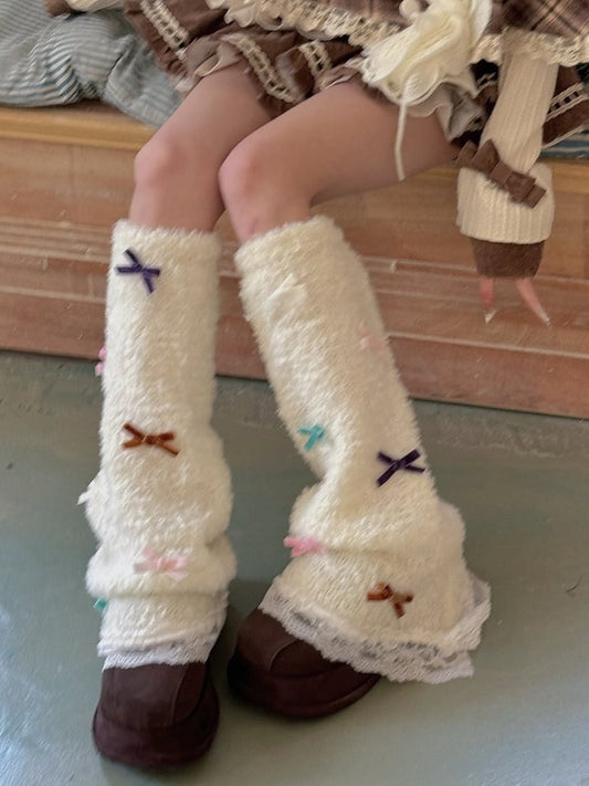 White/Purple/Camel/Light Grey Sweet Bowknot Lace Trim Leg Warmers