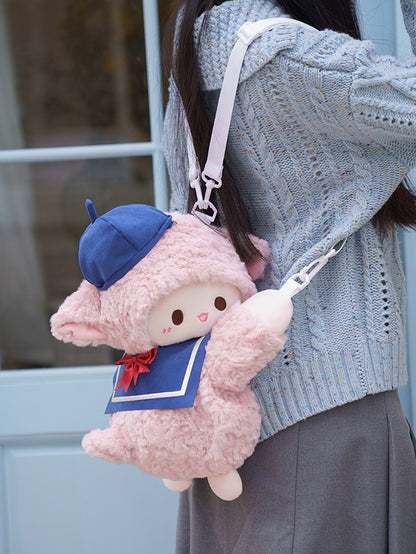 Cute Little Lamb Pink Plush Backpack/Crossbody Bag + Blue Hat + Sailor Collar Middle/Large Size