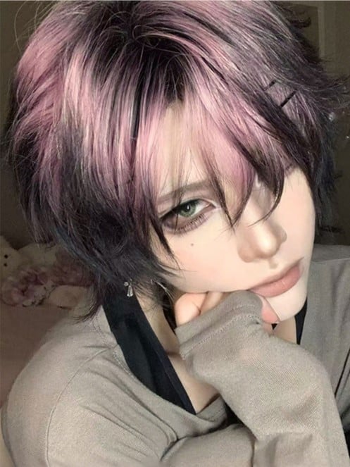 Black and Pink Highlight Hair Color 35CM Length Short Ouji Wig