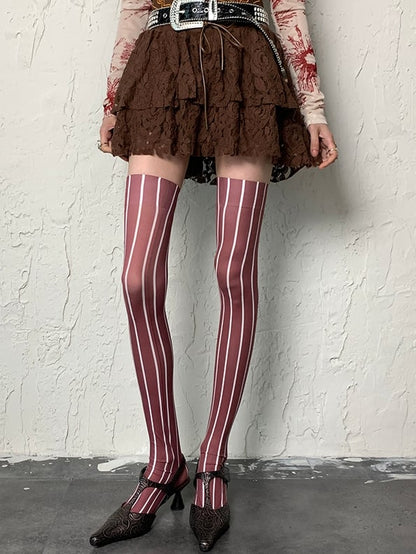 Brown Wasteland Punk Striped Pattern Overknee Stockings