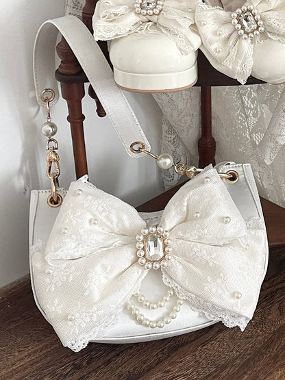 White Shoulder Bag in Sweet Lolita - Satin with Sparkling Beaded Bow