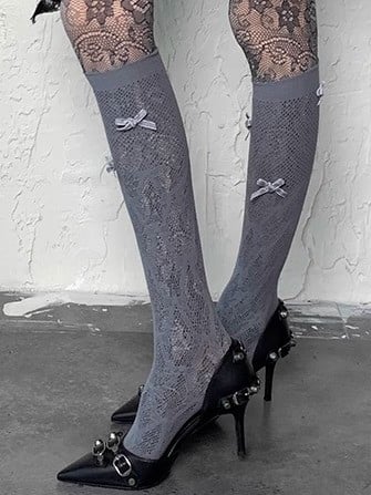 Gray Y2K Bowknot Details Hollowed-out Underknee Stockings