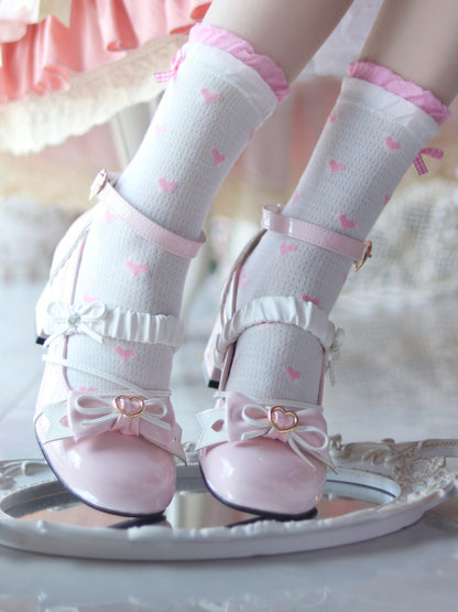 Bow Accents Pink Block Heel Mary Janes