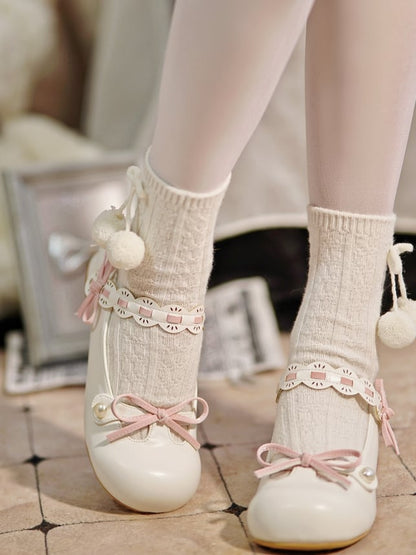 White Beaded Decorated Knotted Bow at Top Round Toe Lolita Shoes