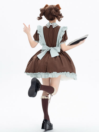 Brown and Mint Green Kitty Maid Lolita Short Puff Sleeves Dress + Apron