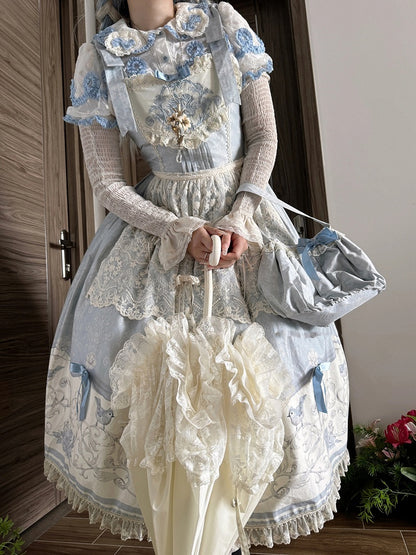 Blue Titmouse and Floral Print Lolita Jumper Skirt