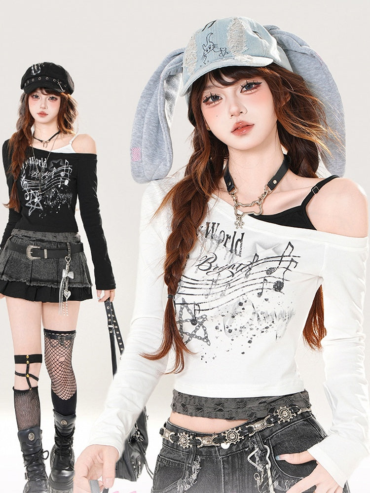 Black/White Asymmetrical Neckline Musical Note Print Distressed Holes Top