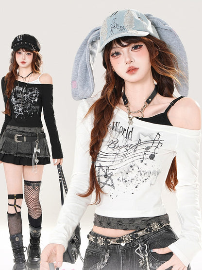 Black/White Asymmetrical Neckline Musical Note Print Distressed Holes Top
