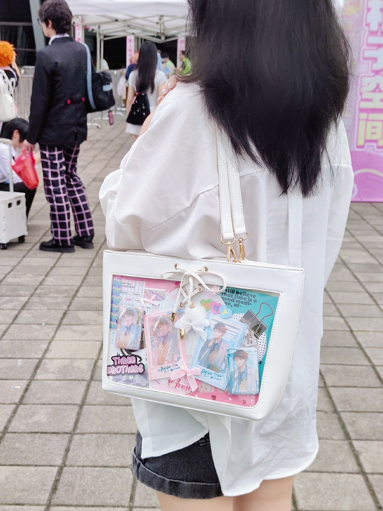 White Bow Accents Lace-up Detail Ita Shoulder Bag with Free Charm