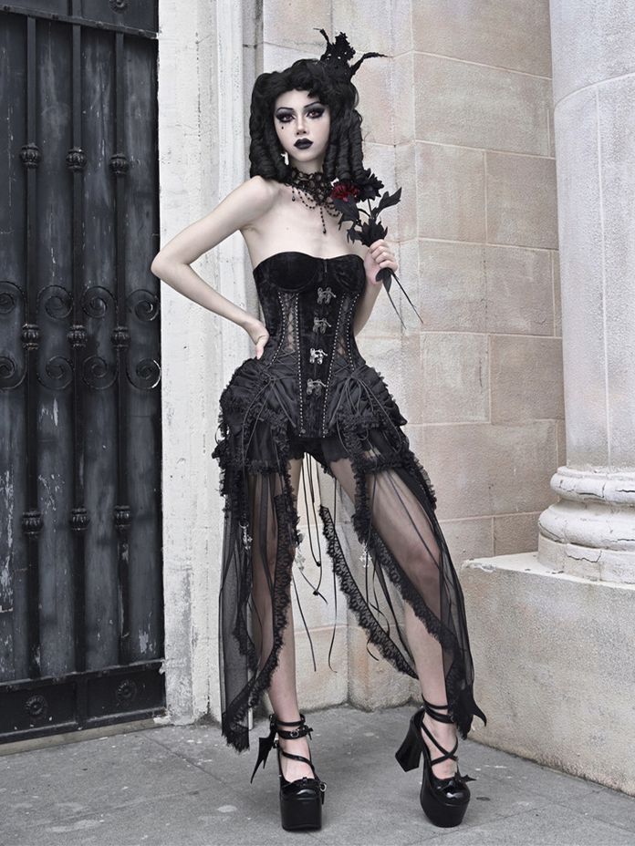 Gothic Black Birdcage Skirt and Bustier Corset Set