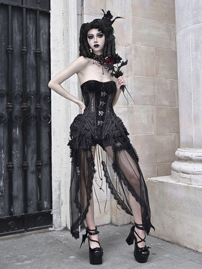 Gothic Black Birdcage Skirt and Bustier Corset Set