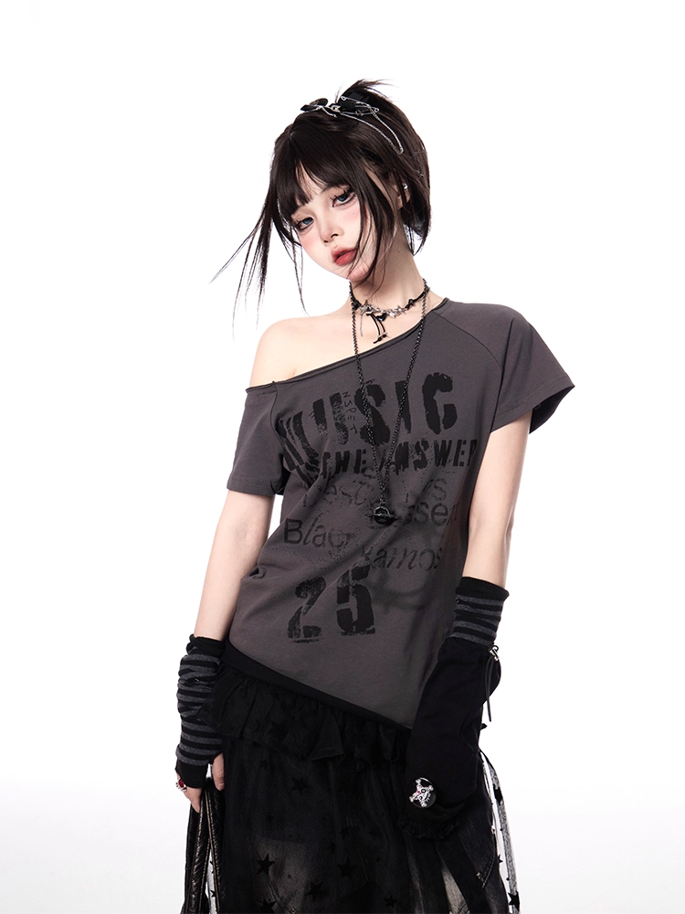 Y2K Letter Print White/Gray Asymmetrical Neckline T-shirt