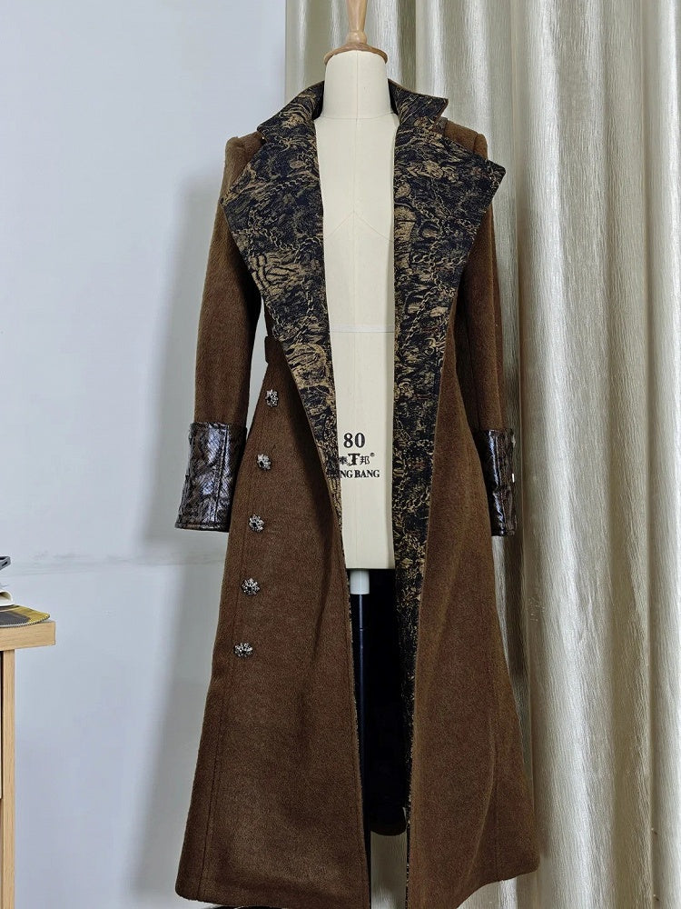 Ouji Fashion Coffee Convertible Collar Lolita Woolen Coat with Leather Accents