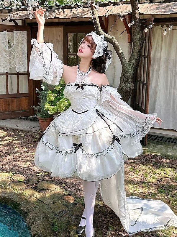 Plus Sizes White & Black Illusion Neckline Sweet Lolita Dress Short Version+Train+Head Veil+Detachable Sleeves Full Set