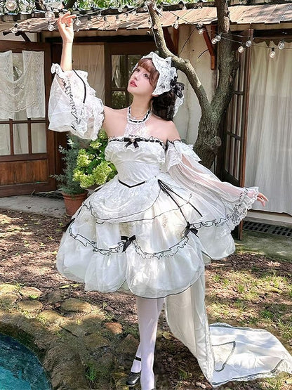 White & Black Lolita Long Train with Large Bow