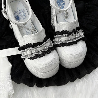Jirai Kei White Lace Heels: 12cm Platform with Heart Rhinestone Chain & Buckle Ankle Strap