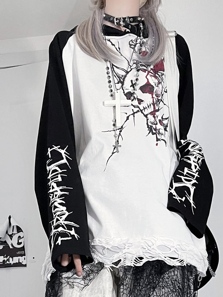 Black&White Emo Punk Skeleton And Letter Print Hoodie