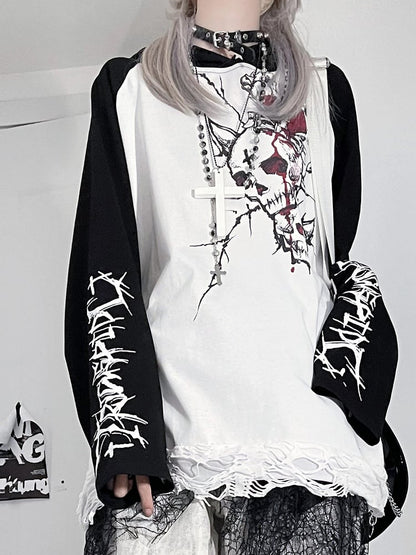 Black&White Emo Punk Skeleton And Letter Print Hoodie